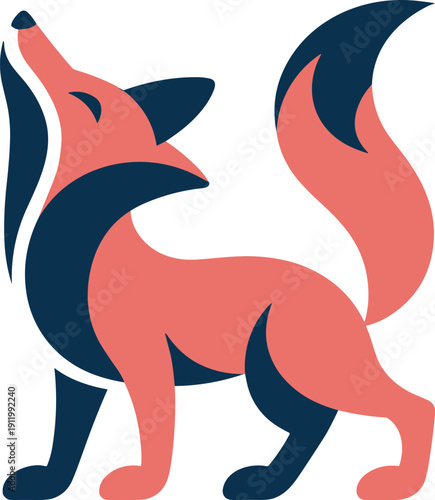 Modern minimalist fox vector illustration howling with tail up in orange and navy blue colors for creative brand logo.
