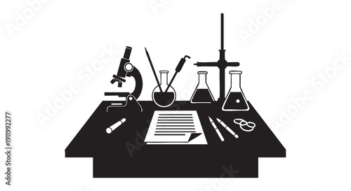 Scientific research laboratory desk vector silhouette with microscope, laboratory glassware, documents, pens, and scientific tools for experimentation