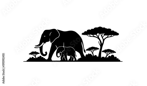 Minimal elephant and calf savanna silhouette illustration