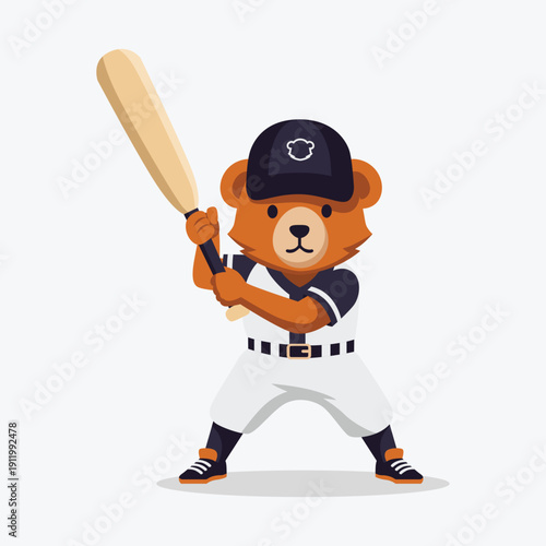 Cartoon Cute Brown Orange Bear Playing Baseball with Bat