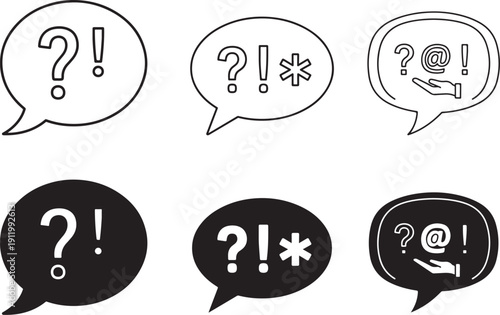 Speech bubble frame with question mark symbol. Chat dialog box featuring asking and exclamation signs for query, FAQ and customer support concepts