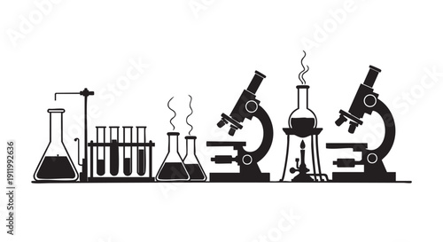 Science laboratory equipment silhouette collection with microscopes and glass flasks on white background features chemical research tools for biology studies and medical education in black outline