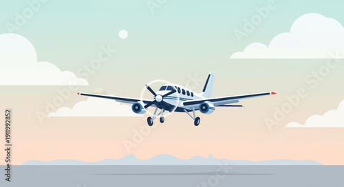 Twin-engine propeller aircraft flies in a pastel sky with clouds and distant hills