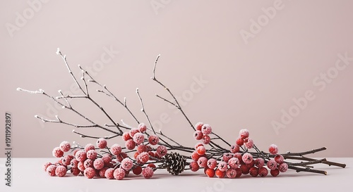 Close up of frosted berries and twigs against a neutral background