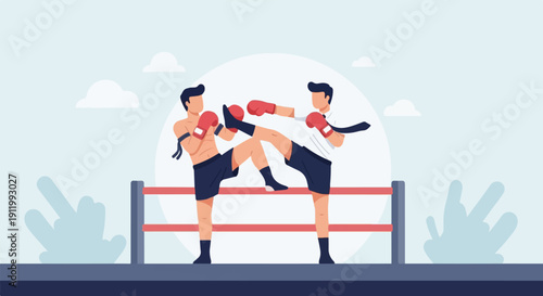 Two athletes engaged in a martial arts duel within a boxing ring