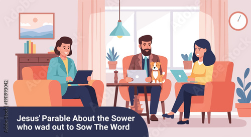 Three people and a dog gather in a living room, each with a laptop