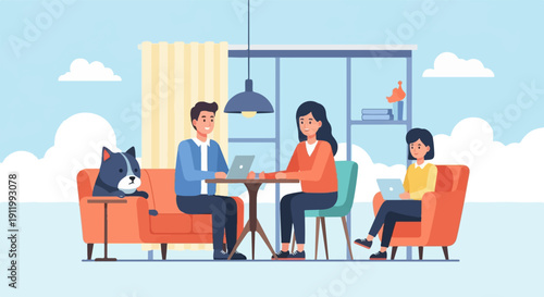 Three people and a dog work together indoors with laptops on a bright day