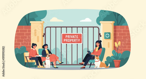 Three women and two dogs sit by a gated entrance to a private property