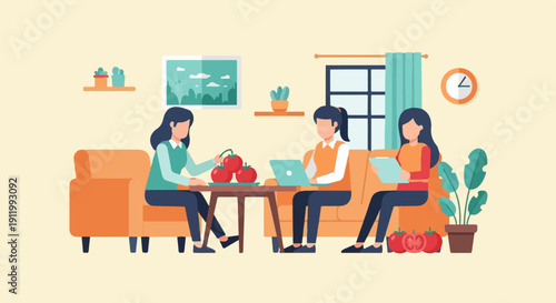 Three women in casual attire gathered in a living room with tomatoes and a laptop