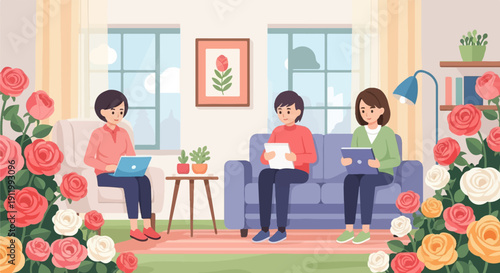 Three women indoors, surrounded by roses, using digital devices