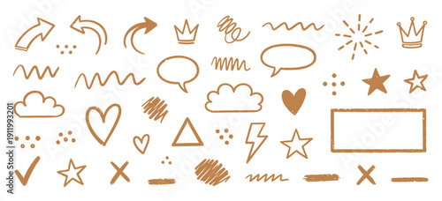 Hand drawn doodle elements including various arrows, speech bubbles, clouds, stars, crowns, hearts, lightning bolts, and checkmarks providing a versatile design set on a transparent background