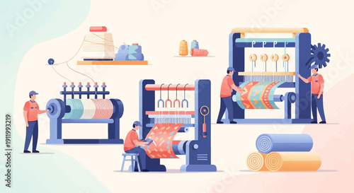 Textile manufacturing process with workers operating machinery and threads