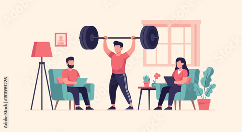 Three people in a room, one lifting weights, two on laptops