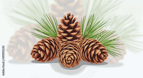 Textured brown pinecones and green pine needles against a soft white background