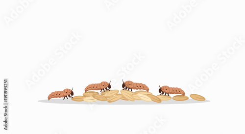 Tiny caterpillar creatures march across a pile of grains