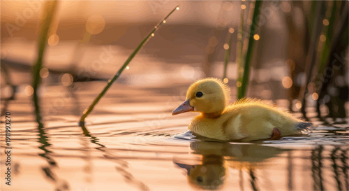 Tiny yellow duckling floats peacefully on calm water at sunrise