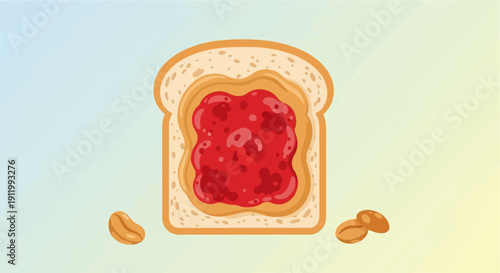 Toasted bread slice with creamy peanut butter and sweet fruit jam