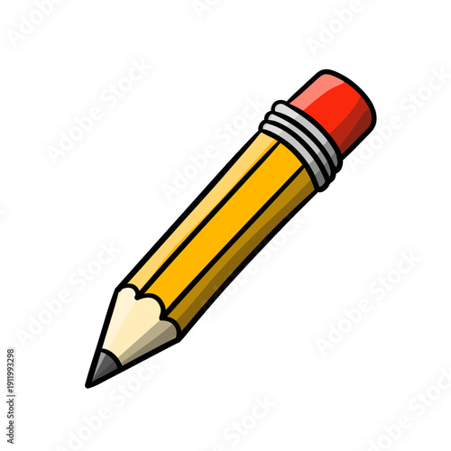 Classic yellow pencil with red eraser. Cartoon vector illustration of a sharp graphite pencil, symbol of writing, drawing, education and creativity.