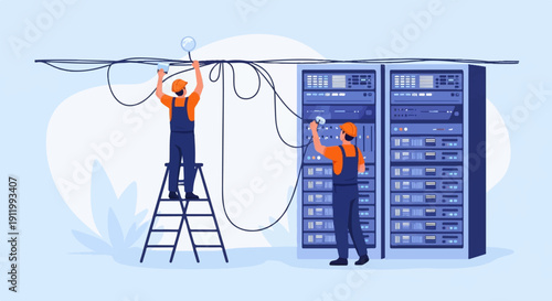 Technicians connecting wires in a server room with racks