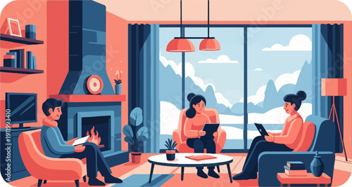 Three people relax indoors by a fireplace and large window viewing snowy mountains