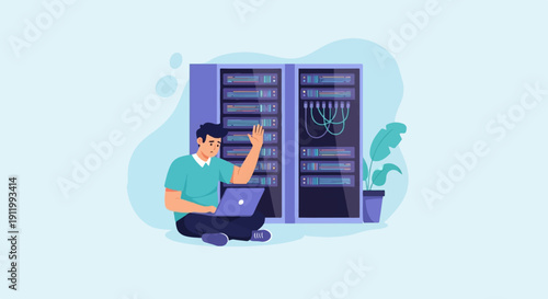 Technician works on servers with laptop, looking stressed