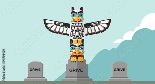 Totem pole with three tombstones labeled 'GRIVE' in a stylized landscape