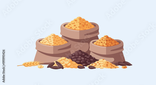 Three burlap sacks overflowing with grain, with loose grains and seeds