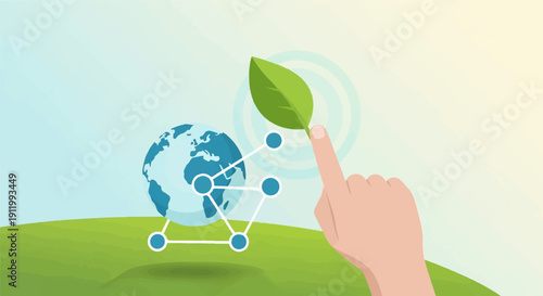 Touching a leaf on a planet connected by nodes, with a green hilly background