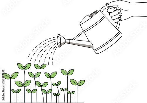 Gentle hand carefully pours water from a watering can onto small green sprouts emerging from the ground symbolizing growth and nurturing new life