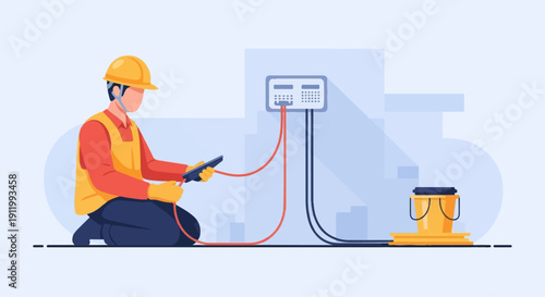 Technician working with control panel and testing equipment