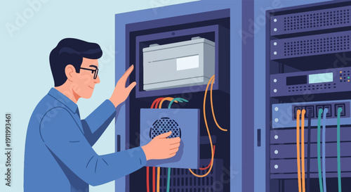 Technician working on server racks with battery and network cables