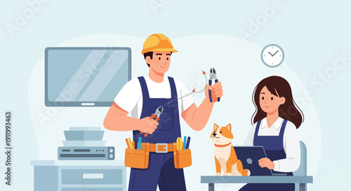 Technician working on wiring, colleague on laptop, dog present