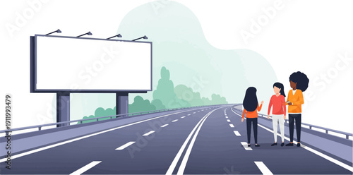 Three people stand by a highway with an empty billboard
