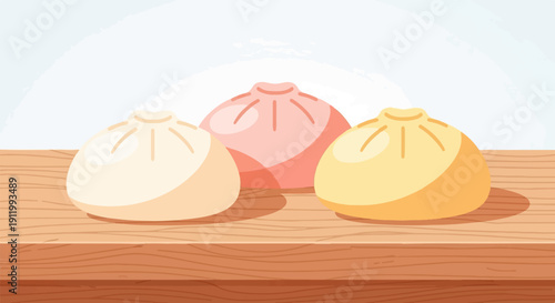 Three cartoon-style dumplings sit on a wooden surface against a light blue background