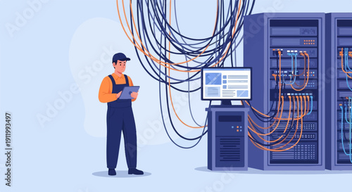 Technician with tablet near server racks and tangled wires