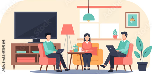 Three people work on laptops in a modern living room with furniture and plants