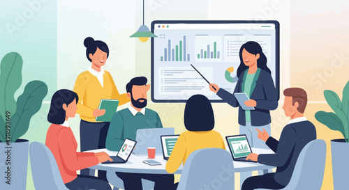 Team in meeting room, presenting business data on a screen and laptops