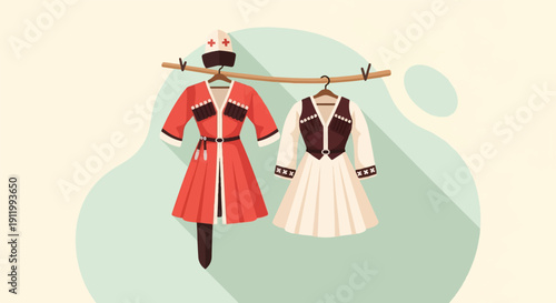 Traditional folk costumes displayed on a wooden branch with a decorative background