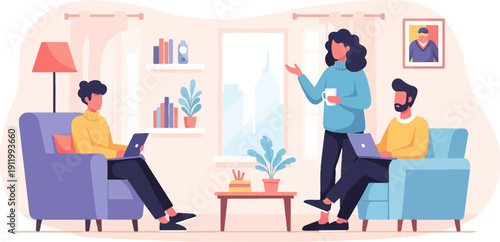 Team meeting in a cozy living room with a city view