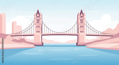Stylized pastel bridge spanning a blue river, with muted pink buildings and sky