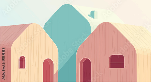 Stylized pastel houses with wooden texture and rounded shapes
