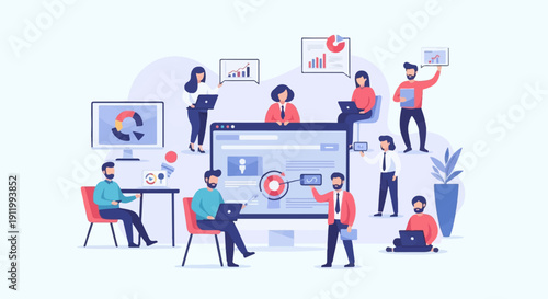 Wallpaper Mural Team collaborating around a large screen displaying data and charts Torontodigital.ca