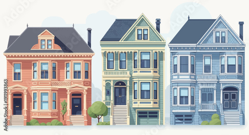 Three colorful Victorian homes stand side by side with detailed architectural elements