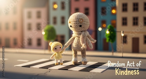 Crochet Characters Walking Together on a Colorful Street Inspiring Kindness