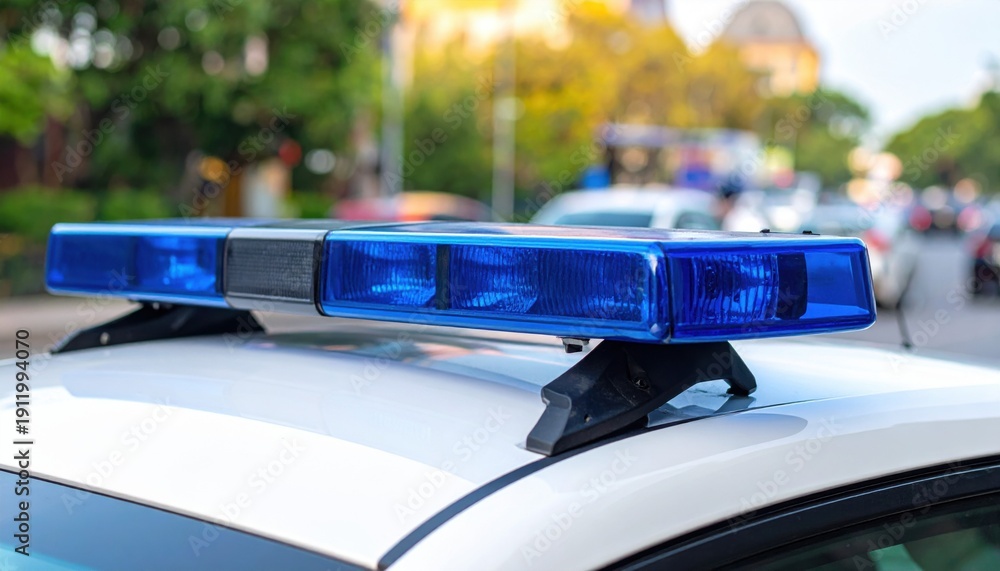 custom made wallpaper toronto digitalA close-up view of a police car's blue lights flashing atop the vehicle with a blurred background