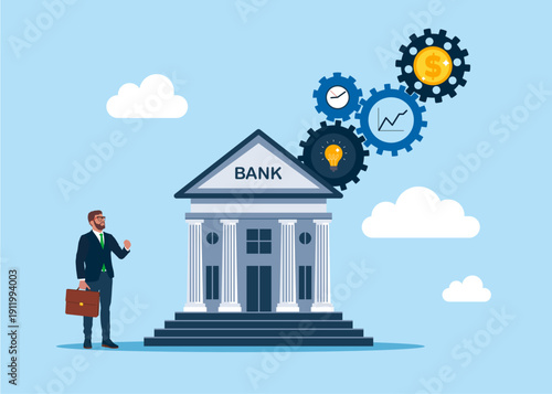 Bank with gear cogs to spin time and money gears. Effort and time to make money, success long term investment, deadline effect. Flat vector illustration
