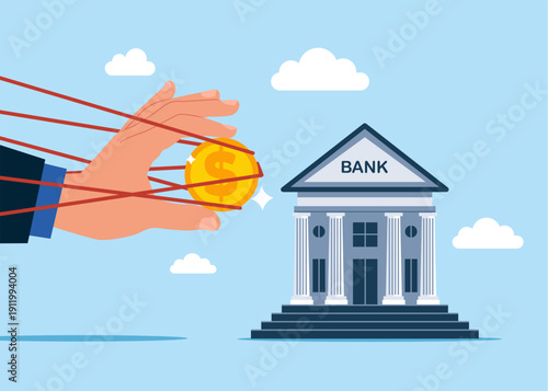 Investing or saving difficulty. Hand  putting  coin with full effort a bank money savings. Modern vector illustration in flat style