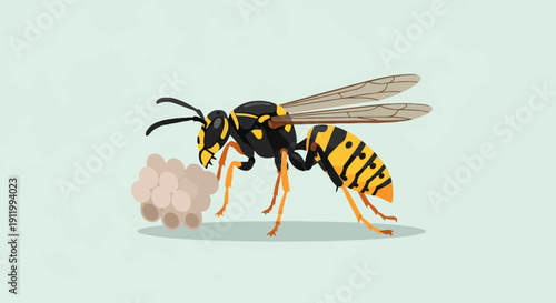 Stylized illustration of a yellow and black wasp near its nest