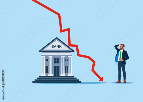 Crisis and bankrupt. Layoffs and staff downsizing. Falling salaries of employees. Falling red arrow breaking. Vector illustration