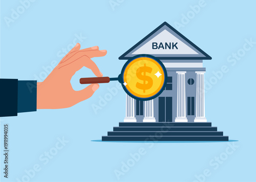 Businessman through examining bank with magnifying glass. Investing money. Flat vector illustration